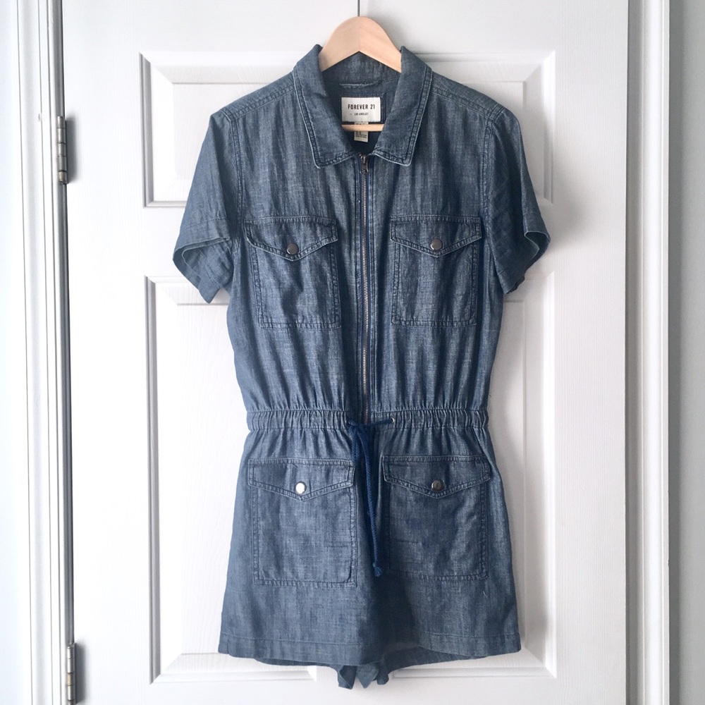 Forever 21 Utility Front Zip Drawstring Romper, M